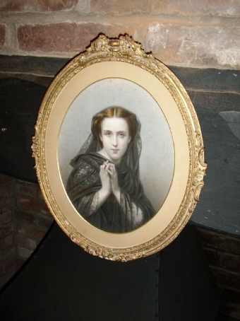 Antique VICTORIAN COLOURED ETCHING OF YOUNG GIRL WEARING BLACK LACE WITH DECORATIVE FRAME