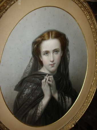 Antique VICTORIAN COLOURED ETCHING OF YOUNG GIRL WEARING BLACK LACE WITH DECORATIVE FRAME