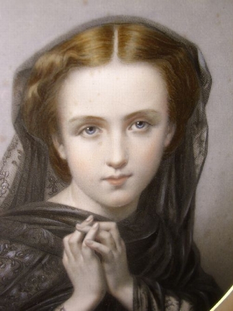 Antique VICTORIAN COLOURED ETCHING OF YOUNG GIRL WEARING BLACK LACE WITH DECORATIVE FRAME