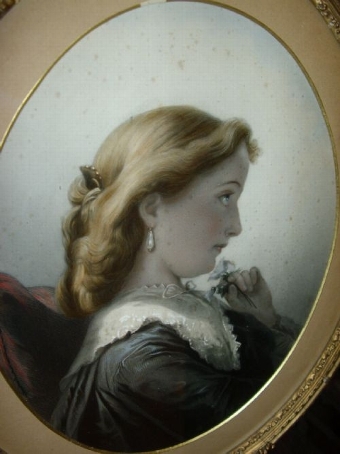 Antique VICTORIAN COLOURED ETCHING OF YOUNG GIRL WEARING BLACK LACE WITH DECORATIVE FRAME