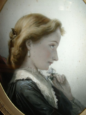 Antique VICTORIAN COLOURED ETCHING OF YOUNG GIRL WEARING BLACK LACE WITH DECORATIVE FRAME