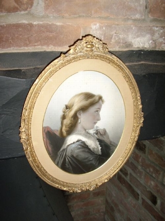 Antique VICTORIAN COLOURED ETCHING OF YOUNG GIRL WEARING BLACK LACE WITH DECORATIVE FRAME