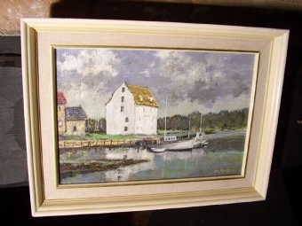 NEWLYN SCHOOL OIL PAINTING ON BOARD OF BOATS MOORED  15 X 11 INCHES