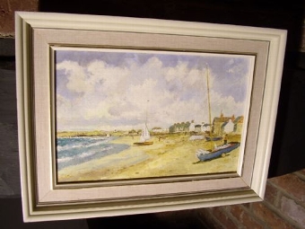 NEWLYN SCHOOL OIL PAINTING ON BOARD OF SAILING BOATS ON A SANDY BEACH 15 X 11 INCHES