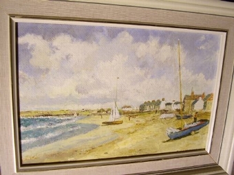 Antique NEWLYN SCHOOL OIL PAINTING ON BOARD OF SAILING BOATS ON A SANDY BEACH 15 X 11 INCHES