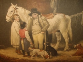 VICTORIAN PRINT AFTER SHAYLER OF HORSE AND DOGS IN A BARN SETTING 25.75 X 20 INCHES 