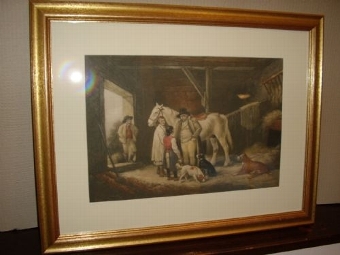 Antique VICTORIAN PRINT AFTER SHAYLER OF HORSE AND DOGS IN A BARN SETTING 25.75 X 20 INCHES 