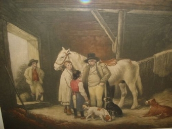 Antique VICTORIAN PRINT AFTER SHAYLER OF HORSE AND DOGS IN A BARN SETTING 25.75 X 20 INCHES 