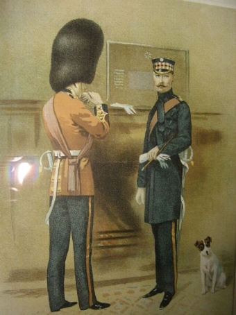 VICTORIAN COLOURED PRINT OF SCOTS GUARDSMAN WITH JACK RUSSELL DOG AFTER PAINTING BY ARTIST G.D.GI...