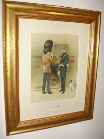 Antique VICTORIAN COLOURED PRINT OF SCOTS GUARDSMAN WITH JACK RUSSELL DOG AFTER PAINTING BY ARTIST G.D.GILES C1887 12 X 14.5 INCHES