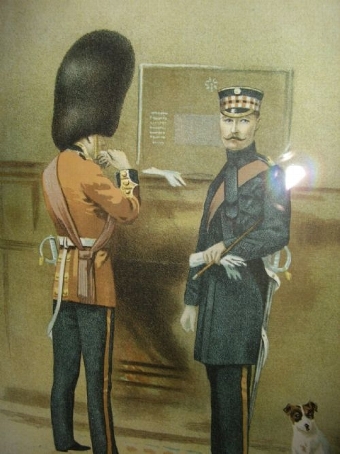 Antique VICTORIAN COLOURED PRINT OF SCOTS GUARDSMAN WITH JACK RUSSELL DOG AFTER PAINTING BY ARTIST G.D.GILES C1887 12 X 14.5 INCHES