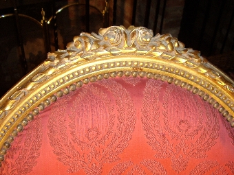 Antique PAIR OF GILT DECORATIVELY CARVED WOODEN SALON ARMCHAIRS IN EARLY FLORREL WINE EARLY UPHOLSTERY & DATING EARLY 19TH CENTURY (1810-40) UNIQUE ITEMS