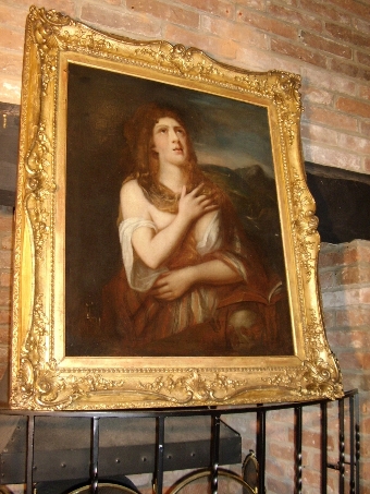 Antique OIL PORTRAIT OF THE PENITENT MAGDALENE AFTER TITIAN EARLY-MID 18TH CENTURY 1720-40 EUROPEAN SCHOOL & PRESENTED IN DECORATIVE LATER FRAME 33 X 38 INCHES