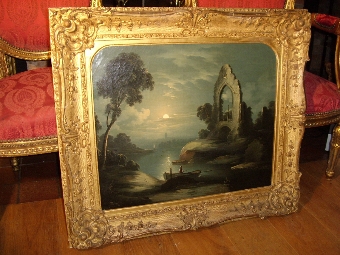 19TH CENTURY OIL PAINTING OF MOONLIT STUDY STUDIO OF ARTIST ABRAHAM PETHER B1756-D1812 PRESENTED ...