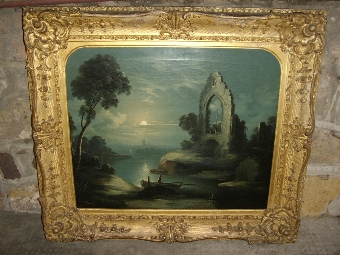 Antique 19TH CENTURY OIL PAINTING OF MOONLIT STUDY STUDIO OF ARTIST ABRAHAM PETHER B1756-D1812 PRESENTED IN DECORATIVE GILT FRAME 32 X 28 INCHES