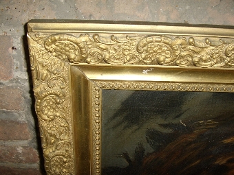 Antique OIL PAINTING OF MALE LION WITH LIONESS RESTING IN ORIGINAL PLASTER & GILT FRAME SIZE 35 X 26 INCHES C1905 & SIGNED BY ARTIST DAVID LLEWELYN