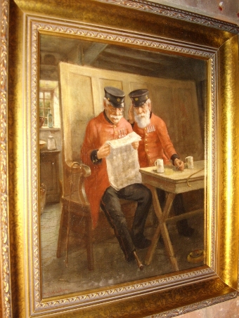 Antique OIL PAINTING ON CANVAS OF CHELSEA PENSIONERS BY DAVID W.HADDON (1884-1911)19TH CENTURY ENGLISH SCHOOL 18.5 X 16.5 INCHES 