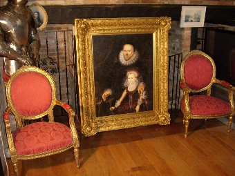 Antique 20THC.PORTRAIT COPY AFTER JOHN DE CRITZ OF YOUNG QUEEN ELIZABETH I(TUDOR) & SIR FRANCIS WALSINGHAM IN THE OLD MASTER STYLE & PRESENTED IN A STUNNING DECORATIVE RE-GILDED PERIOD FRAME 49 X 58 INCHES
