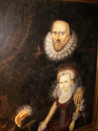 Antique 20THC.PORTRAIT COPY AFTER JOHN DE CRITZ OF YOUNG QUEEN ELIZABETH I(TUDOR) & SIR FRANCIS WALSINGHAM IN THE OLD MASTER STYLE & PRESENTED IN A STUNNING DECORATIVE RE-GILDED PERIOD FRAME 49 X 58 INCHES