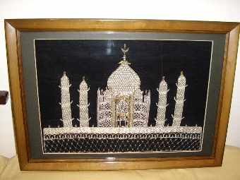 TAJ MAHAL HAND SEWN EMBROIDERY IN GOLD & SILVER HEAVY THREAD ON A BLACK VELVET BACKGROUND UNDER G...