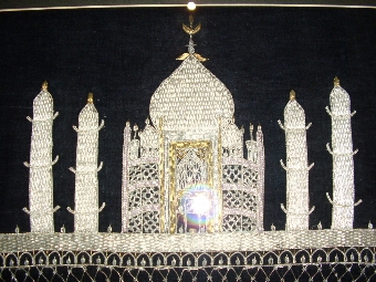 Antique TAJ MAHAL HAND SEWN EMBROIDERY IN GOLD & SILVER HEAVY THREAD ON A BLACK VELVET BACKGROUND UNDER GLASS PRESENTED IN THE ORIGINAL MAHOGANY FRAME 21.75 X 15.5 INCHES
