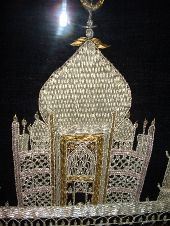 Antique TAJ MAHAL HAND SEWN EMBROIDERY IN GOLD & SILVER HEAVY THREAD ON A BLACK VELVET BACKGROUND UNDER GLASS PRESENTED IN THE ORIGINAL MAHOGANY FRAME 21.75 X 15.5 INCHES
