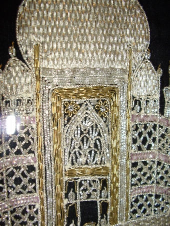 Antique TAJ MAHAL HAND SEWN EMBROIDERY IN GOLD & SILVER HEAVY THREAD ON A BLACK VELVET BACKGROUND UNDER GLASS PRESENTED IN THE ORIGINAL MAHOGANY FRAME 21.75 X 15.5 INCHES