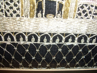 Antique TAJ MAHAL HAND SEWN EMBROIDERY IN GOLD & SILVER HEAVY THREAD ON A BLACK VELVET BACKGROUND UNDER GLASS PRESENTED IN THE ORIGINAL MAHOGANY FRAME 21.75 X 15.5 INCHES