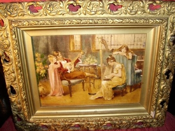 19TH CENTURY VICTORIAN GENRE OIL PAINTING OF FAMILY ENJOYING A MUSICAL EVENING WITH THEIR CHILDRE...