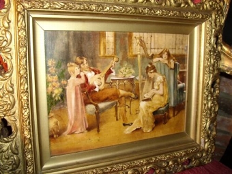 Antique 19TH CENTURY VICTORIAN GENRE OIL PAINTING OF FAMILY ENJOYING A MUSICAL EVENING WITH THEIR CHILDREN C1850 BEAUTIFULLY PRESENTED IN THE ORIGINAL DECORATIVE GILT PIERCED FRAMES 15.75 X 13 INCHES