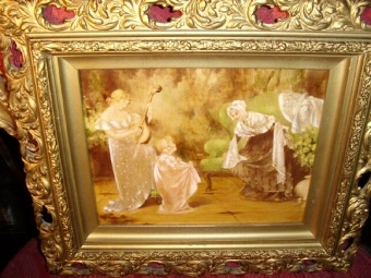 19TH CENTURY VICTORIAN GENRE OIL PAINTING OF MOTHER PLATING A MANDOLIN TO HER DAUGHTER & FRIENDS ...