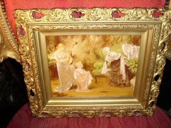 Antique 19TH CENTURY VICTORIAN GENRE OIL PAINTING OF MOTHER PLATING A MANDOLIN TO HER DAUGHTER & FRIENDS BEING PRESENTED IN THE ORIGINAL WOODEN PLASTER & GILT PIERCED FRAME 13.25 X 15.5 INCHES