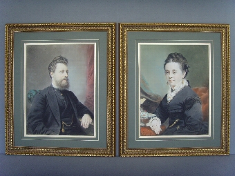 A FINE PAIR OF VICTORIAN PORTRAITS OF MAN & WIFE EXECUTED BY AN OUTSTANDING ARTIST IN PASTEL & GO...