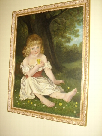 19TH CENTURY VICTORIAN OIL PORTRAIT PAINTING ON CANVAS OF YOUNG GIRL SITTING ON GRASS AMONGST THE...