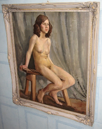 OIL PORTRAIT PAINTING STUDY ON CANVAS OF NUDE GIRL SITTING ON STOOL IN A RELAXED POSE CIRCA 1910-...