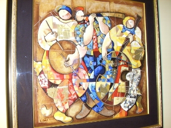 LEVI DORIT EMBELLISHED LTD EDITION SERIGRAPH TITLED TRIO FRAMED SIZE 35.5 X 35.5 INCHES