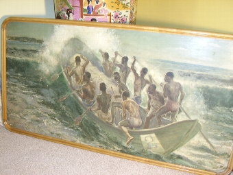 CHARLES CAMERON BAILLIE OIL PAINTING ON BOARD OF SOUTH PACIFIC NATIVE ISLANDERS IN A BOAT WHICH O...
