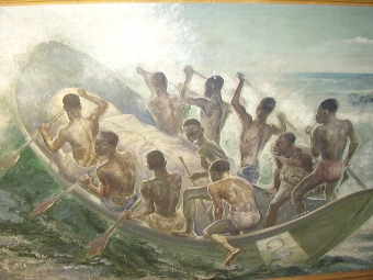 Antique CHARLES CAMERON BAILLIE OIL PAINTING ON BOARD OF SOUTH PACIFIC NATIVE ISLANDERS IN A BOAT WHICH ONCE HUNG IN A LUXURY LINERS SMOKE ROOM & PRESENTED IN THE ORIGINAL SATINBIRCH VENEERED FRAME 56 X 29 INS