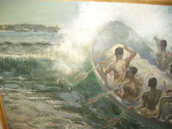 Antique CHARLES CAMERON BAILLIE OIL PAINTING ON BOARD OF SOUTH PACIFIC NATIVE ISLANDERS IN A BOAT WHICH ONCE HUNG IN A LUXURY LINERS SMOKE ROOM & PRESENTED IN THE ORIGINAL SATINBIRCH VENEERED FRAME 56 X 29 INS