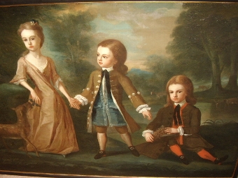 Antique A RARE MOSES VANDERBANK OIL PAINTING ON CANVAS OF A GEORGE 11 PERIOD FAMILY GROUP SIGNED & DATED C1733. FULLY RESTORED MEASURING A HUGE 82 X 56 INCHES FRAMED