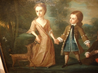 Antique A RARE MOSES VANDERBANK OIL PAINTING ON CANVAS OF A GEORGE 11 PERIOD FAMILY GROUP SIGNED & DATED C1733. FULLY RESTORED MEASURING A HUGE 82 X 56 INCHES FRAMED