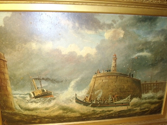 Antique VICTORIAN 19TH CENTURY MARINE OIL PAINTING ON ARTISTS BOARD AFTER WILLIAM BROOMES ORIGINAL OF THE RAMSGATE LIFEBOAT RESCUE OF THE VESSEL CALLED THE INDIAN CHIEF & PRESENTED IN THE ORIGINAL DECORATIVE FRAME WITH MONOGRAMMED INITIALS 