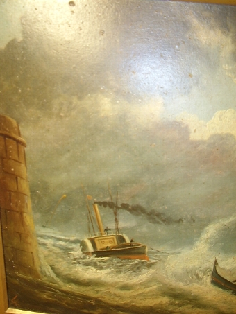 Antique VICTORIAN 19TH CENTURY MARINE OIL PAINTING ON ARTISTS BOARD AFTER WILLIAM BROOMES ORIGINAL OF THE RAMSGATE LIFEBOAT RESCUE OF THE VESSEL CALLED THE INDIAN CHIEF & PRESENTED IN THE ORIGINAL DECORATIVE FRAME WITH MONOGRAMMED INITIALS 