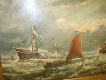 Antique VICTORIAN 19TH CENTURY MARINE OIL PAINTING ON ARTISTS BOARD AFTER WILLIAM BROOMES ORIGINAL OF THE RAMSGATE LIFEBOAT RESCUE OF THE VESSEL CALLED THE INDIAN CHIEF & PRESENTED IN THE ORIGINAL DECORATIVE FRAME WITH MONOGRAMMED INITIALS 