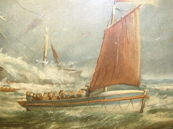 Antique VICTORIAN 19TH CENTURY MARINE OIL PAINTING ON ARTISTS BOARD AFTER WILLIAM BROOMES ORIGINAL OF THE RAMSGATE LIFEBOAT RESCUE OF THE VESSEL CALLED THE INDIAN CHIEF & PRESENTED IN THE ORIGINAL DECORATIVE FRAME WITH MONOGRAMMED INITIALS 