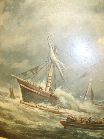 Antique VICTORIAN 19TH CENTURY MARINE OIL PAINTING ON ARTISTS BOARD AFTER WILLIAM BROOMES ORIGINAL OF THE RAMSGATE LIFEBOAT RESCUE OF THE VESSEL CALLED THE INDIAN CHIEF & PRESENTED IN THE ORIGINAL DECORATIVE FRAME WITH MONOGRAMMED INITIALS 