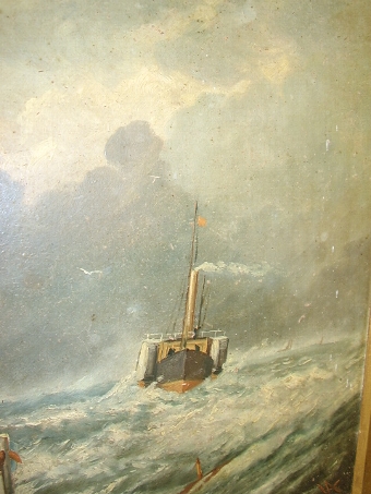 Antique VICTORIAN 19TH CENTURY MARINE OIL PAINTING ON ARTISTS BOARD AFTER WILLIAM BROOMES ORIGINAL OF THE RAMSGATE LIFEBOAT RESCUE OF THE VESSEL CALLED THE INDIAN CHIEF & PRESENTED IN THE ORIGINAL DECORATIVE FRAME WITH MONOGRAMMED INITIALS 