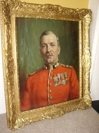 MILITARY OIL PORTRAIT PAINTING OF A GRENADIER GUARD WEARING HIS RED TUNIC & MEDALS BY RESPECTED E...