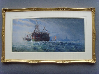 MARINE WATERCOLOUR OF A DAMAGED FRENCH WARSHIP BEING TOWED BY A STEAM TUG INTO HARBOUR TITLED VER...
