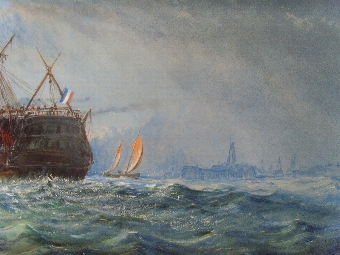 Antique MARINE WATERCOLOUR OF A DAMAGED FRENCH WARSHIP BEING TOWED BY A STEAM TUG INTO HARBOUR TITLED VERSO 